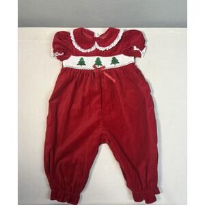 6-9 Months Red Velvet Christmas Smocked Embroidered Girls Jumper w/Snap Bottom